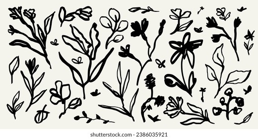 Abstract contemporary flowers with textures. Modern vector illustration. Small hand-drawn flowers set. Wild flowers and plants in charcoal or crayon drawing style. Pencil drawn branches and stems.