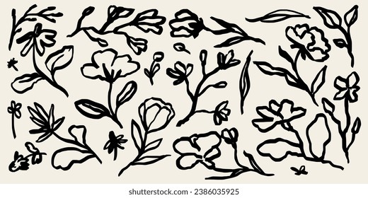 Abstract contemporary flowers with textures. Modern vector illustration. Small hand-drawn flowers set. Wild flowers and plants in charcoal or crayon drawing style. Pencil drawn branches and stems.