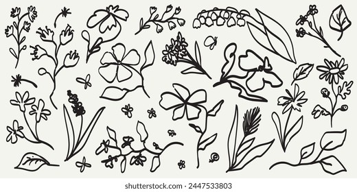 Abstract contemporary flowers with textures. Modern vector illustration. Small hand-drawn flowers set. Wild flowers and plants in charcoal or crayon drawing style. Pencil drawn branches and stems.