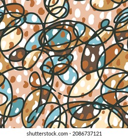 Abstract contemporary geometric seamless pattern. Freehand irregular drawing with wavy oval shapes and doodles on blot dotted background. Stylized mosaic stained glass design.