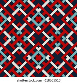 Abstract contemporary geometric seamless pattern of red, blue, and white shades