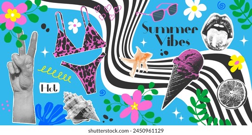 Abstract contemporary halftone summer collage. Vector pack of trendy y2k elements hand, eye, lips, ice cream, bikini with retro halftone photocopy effect, abstract shapes and hand drawn flowers.