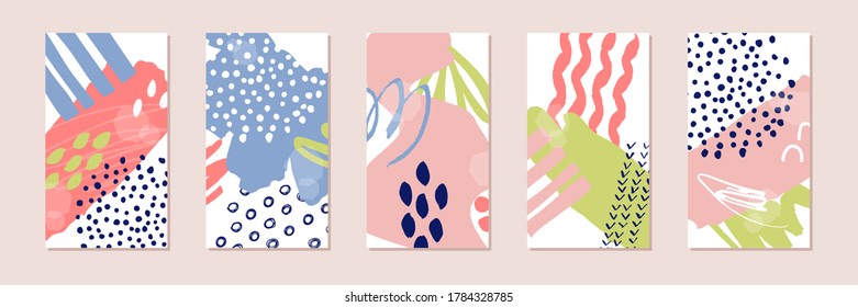 Abstract contemporary hand drawn social media story backgrounds set. Colorful art templates with scribbles for party or summer holidays invitation. Brush abstract texture. Vector illustration.