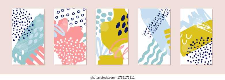 Abstract contemporary hand drawn social media story backgrounds set. Colorful art templates with scribbles for party or summer holidays invitation. Brush abstract texture. Vector illustration.