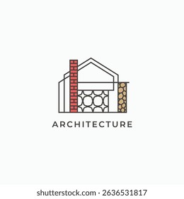 Abstract contemporary house line art out logo design. Art deco style house architecture with stone clad and chimney bricks logo icon