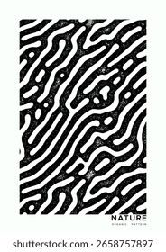 Abstraktes zeitgenössisches Innenplakat-Design mit organischem schwarzem Muster mit Stempeleffekt. Minimalistische Vektorgrafik. Dynamische Komposition für moderne minimalistische Designästhetik.