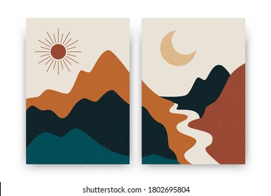Abstract contemporary landscape posters. Modern boho background set with sun moon mountains, minimalist wall decor. Vector art print.