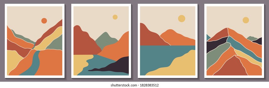 Abstract contemporary landscape posters. Modern boho background set with lake, river,sun, moon, mountains, minimalist wall decor. Vector art print.