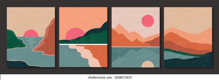 Abstract contemporary landscape posters. Modern boho background set with lake, river,sun, moon, mountains, minimalist wall decor. Vector art print