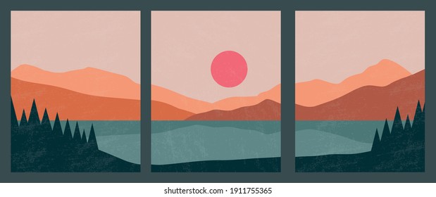 Abstract contemporary landscape posters. Modern boho background set with lake, river,sun, moon, mountains, minimalist wall decor. Vector art print