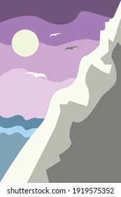 Abstract contemporary landscape posters. Modern minimalist boho background with sun, sea,  birds,  mountains. Vector cartoon flat illustration for disign cards, t-shirt, flyer , wall decor etc