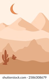 Abstract contemporary landscape posters. Modern boho background set with sun, moon mountains, trees, sea minimalist wall decor. Vector art print.