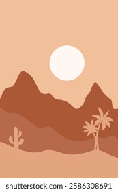 Abstract contemporary landscape posters. Modern boho background set with sun, moon mountains, trees, sea minimalist wall decor. Vector art print.