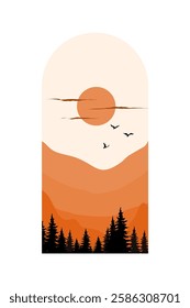 Abstract contemporary landscape posters. Modern boho background set with sun, moon mountains, trees, sea minimalist wall decor. Vector art print.