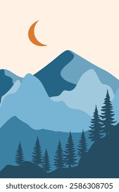 Abstract contemporary landscape posters. Modern boho background set with sun, moon mountains, trees, sea minimalist wall decor. Vector art print.