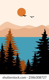 Abstract contemporary landscape posters. Modern boho background set with sun, moon mountains, trees, sea minimalist wall decor. Vector art print.