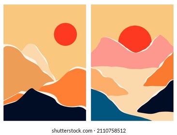 Abstract contemporary landscape posters set. Mid century modern minimalist art print. Boho poster cover. Mountain, hill, lake, sun. Flat design for book cover, poster, banner, brochure, flyer.