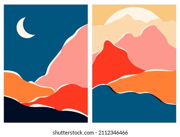 Resumen de afiches de paisajes contemporáneos. Impresión moderna de arte minimalista de mediados de siglo. Portada del afiche de Boho. Montaña, colina, lago, sol. Diseño plano para portada de libros, afiche, pancarta, folleto, volante.