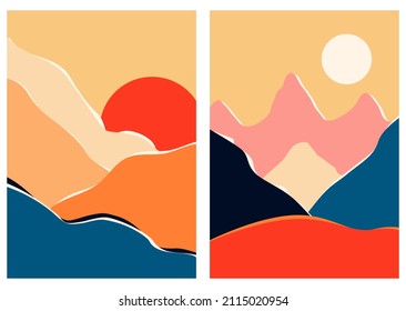 Abstract contemporary landscape posters set. Mid century modern minimalist art print. Boho poster cover. Mountain, hill, lake, sun. Flat design for book cover, poster, banner, brochure, flyer.