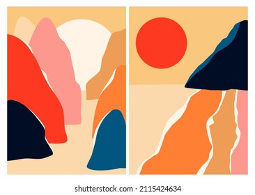 Abstract contemporary landscape posters set. Mid century modern minimalist art print. Boho poster cover. Mountain, hill, lake, sun. Flat design for book cover, poster, banner, brochure, flyer.