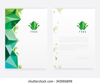 Abstract contemporary letterhead template mockup set in geometrical low poly style in green hues with triangular frog logo design element for business visual identity