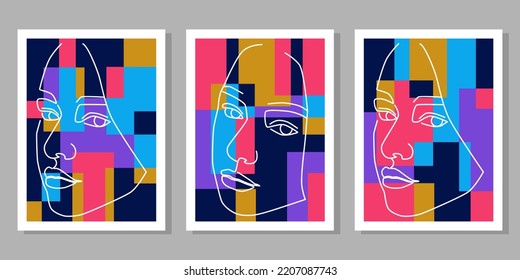 Abstract contemporary line portrait face boho poster template collection