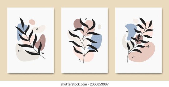 Abstract Contemporary mid century modern Floral leaves boho poster cover template.Minimal and natural compositions for postcard, cover, wallpaper, wall art.	