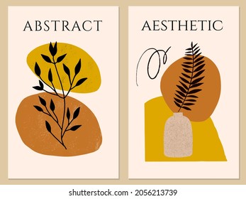 Abstract contemporary mid century modern boho poster with abstract organic shape, tropical palm branches and vase. Hand drawn abstract modern contemporary line art. Vector 