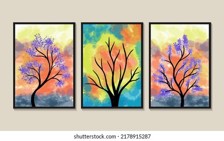 Abstract contemporary mid century modern landscape boho poster template collection.