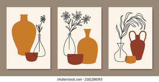 Abstract Contemporary mid century modern Floral leaves boho poster cover template.Minimal and natural flower compositions for postcard, cover, wallpaper, wall art, home decor	