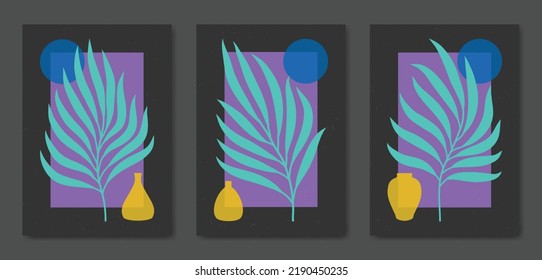 Abstract Contemporary mid century modern Floral leaves boho poster template. Aesthetic Modern Art Minimal and natural flower compositions for postcard, cover, wallpaper, wall art, home decor.
