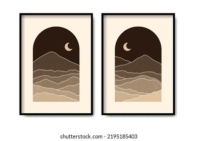 Abstract Contemporary mid century modern Landscape boho poster template. Aesthetic Modern Art Minimal and natural mountains compositions for postcard cover wallpaper wall art home decor