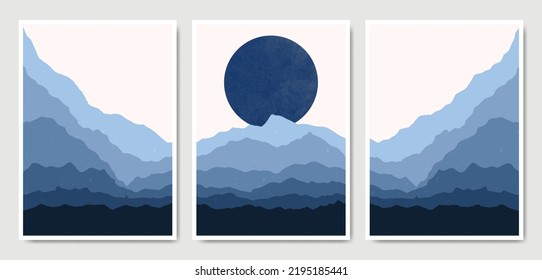 Abstract Contemporary mid century modern Landscape boho poster template. Aesthetic Modern Art Minimal and natural mountains compositions for postcard cover wallpaper wall art home decor