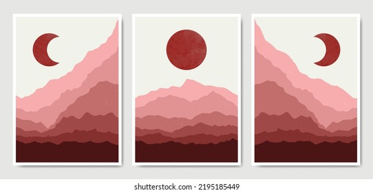 Abstract Contemporary mid century modern Landscape boho poster template. Aesthetic Modern Art Minimal and natural mountains compositions for postcard cover wallpaper wall art home decor