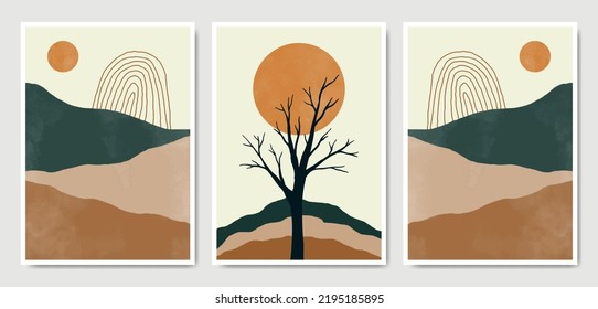 Abstract Contemporary mid century modern Landscape boho poster template. Aesthetic Modern Art Minimal and natural mountains compositions for postcard cover wallpaper wall art home decor