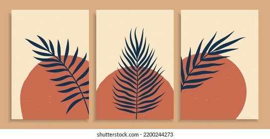 Abstract Contemporary mid century modern Floral leaves boho poster template. Aesthetic Modern Art Minimal and natural floral compositions for postcard, cover, wallpaper, wall art, home decor.