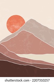 Abstract Contemporary mid century modern landscape boho poster template. Aesthetic Modern Art Minimal mountain compositions for postcard, cover, wallpaper, wall art, home decor.