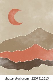 Abstract Contemporary mid century modern landscape boho poster template. Aesthetic Modern Art Minimal mountain compositions for postcard, cover, wallpaper, wall art, home decor.	