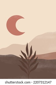 Abstract Contemporary mid century modern landscape boho poster template. Aesthetic Modern Art Minimal mountain compositions for postcard, cover, wallpaper, wall art, home decor.