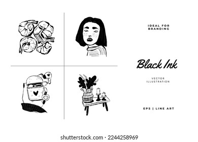 Abstract contemporary mid century modern ink boho black k illustration collection. Hand drawn trendy vector posters, illustrations for print.