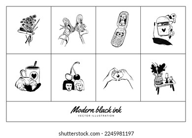 Abstract contemporary mid century modern ink boho black k illustration collection. Hand drawn trendy vector posters, illustrations for print.
