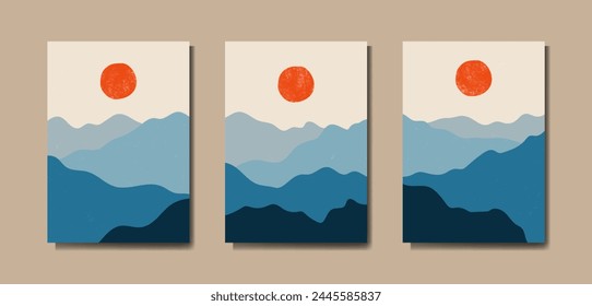 Abstract Contemporary mid century modern Landscape boho poster template. Aesthetic Modern Art Minimal and natural mountains compositions for Print, postcard, cover, wallpaper, wall art, home decor