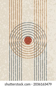 Abstract contemporary mid century poster with geometric shapes and texture. Design for wallpaper, background, wall decor, cover, print, card. Modern boho minimalist art. Vector illustration.