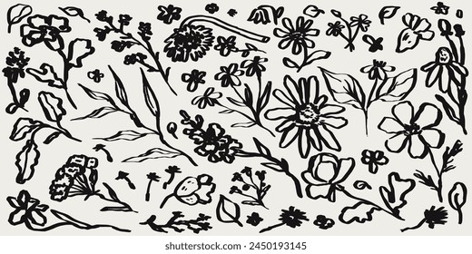 Abstract contemporary minimal flower collection. Modern vector illustration. Ink hand-drawn flowers set. Wild flowers and plants in charcoal or crayon drawing style. Pencil drawn branches and leaves.