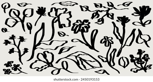 Abstract contemporary minimal flower collection. Modern vector illustration. Ink hand-drawn flowers set. Wild flowers and plants in charcoal or crayon drawing style. Pencil drawn branches and leaves.