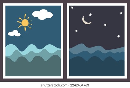 Abstract contemporary minimalist art. Modern boho sea background set with sun and moon. minimalist kids room wall decor, wallpaper. Vector Twin Illustration Set Ideal for Cards, Invitations, Posters