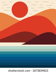 Abstract Contemporary Minimalist Background Landscapes with sun mountain and sea