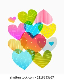 Abstract contemporary minimalist design, heart shapes with intricate textures and transparency. Valentine day or love project, heart wallpaper or greeting card. Colorful bright modern vector design.