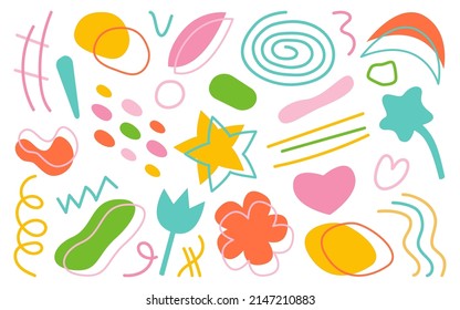 Abstract contemporary modern trendy hand drawn doodle objects set. Various shapes, leaf, flower, star, lines, moon, heart, spiral, spot, drop. Elements for web banner and poster. Vector illustration