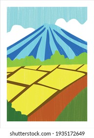 Abstract contemporary modern trendy painting. Wonderful landscape, mountain with paddy field. Perfect art print for home decoration, living room, bedroom, office